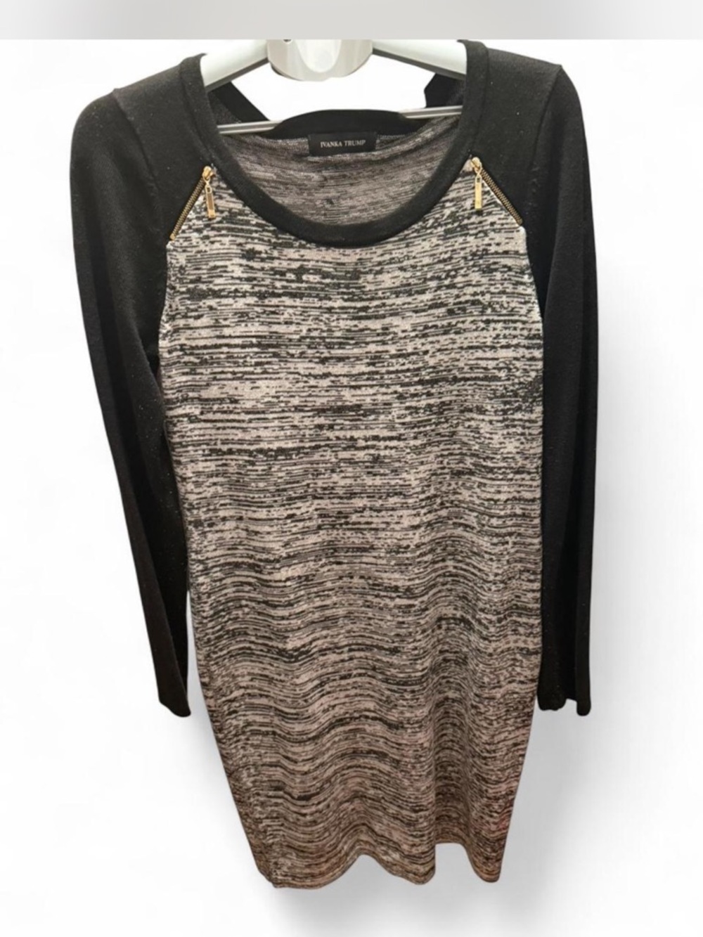 Ivanka Trump Black and Gray Knit Raglan Dress with Gold Zippers